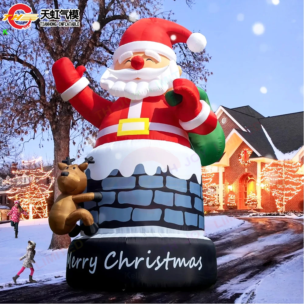 20ft Christmas Inflatable Santa Claus ตกแต่งกลางแจ้งสีเขียวของขวัญกระเป๋า Chimney เทศกาล Bodyguard