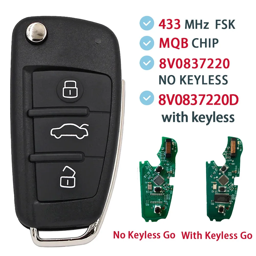 MQB 48 Chip 434MHZ 3 Buttons Flip Smart Car Key Keyless Go For AUDI A3 S3 2012 2013 2014 2015 2016 2017 2019 8V0837220D/837220
