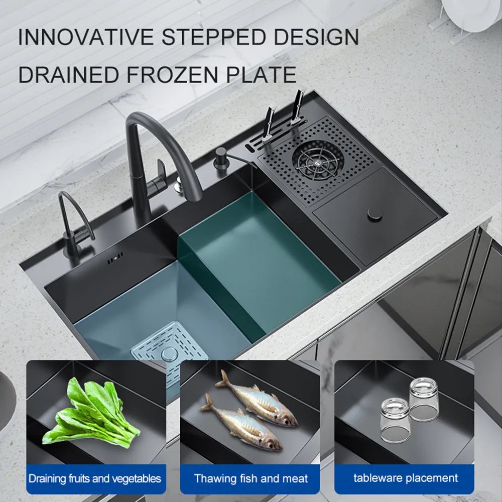 304 Stainless Steel Nano Kitchen Sink Multi-Function Stepped Kitchen Sink  Vegetable Washing Basin with High Pressure Cup Washer