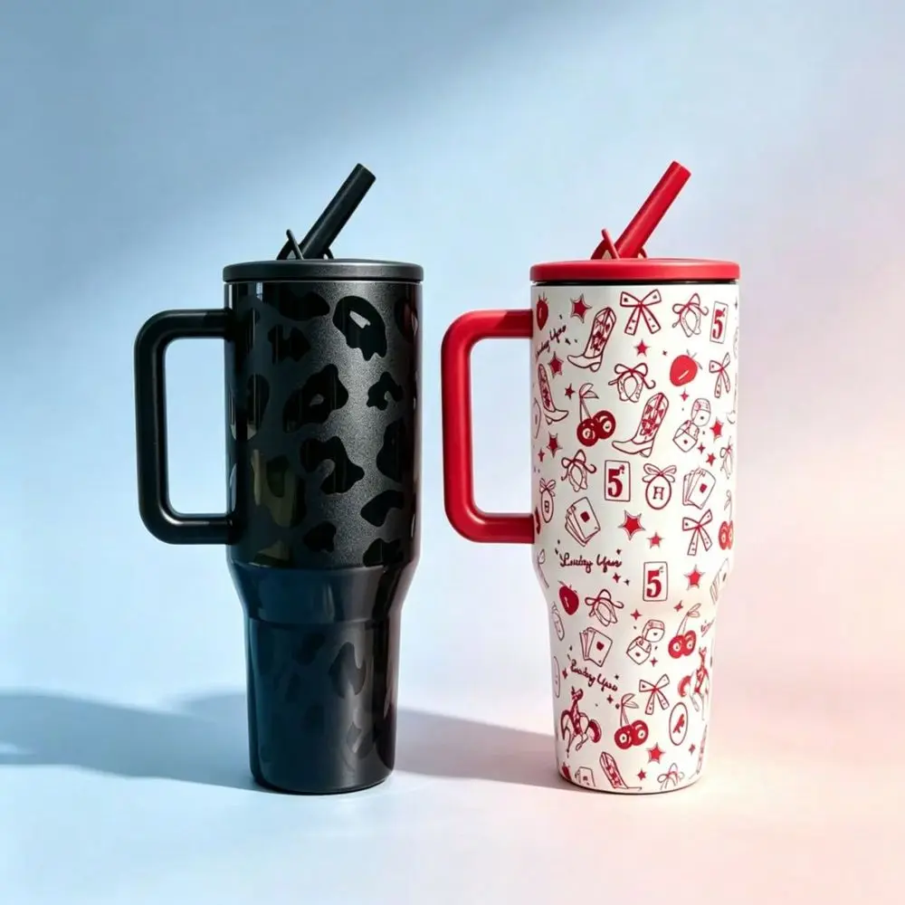 Style Your Way Tumbler Brown Checker Black White Leopard Print, DoubleWall Vacuum Insulated With Handle Straw, Insulated Water