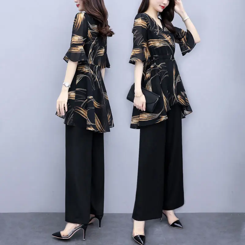 Wide Leg Pants Set Women's Summer New Style Fat Chiffon Top Loose Fit Belly Covering Slimming Look Plus Two Piece Set Trendy