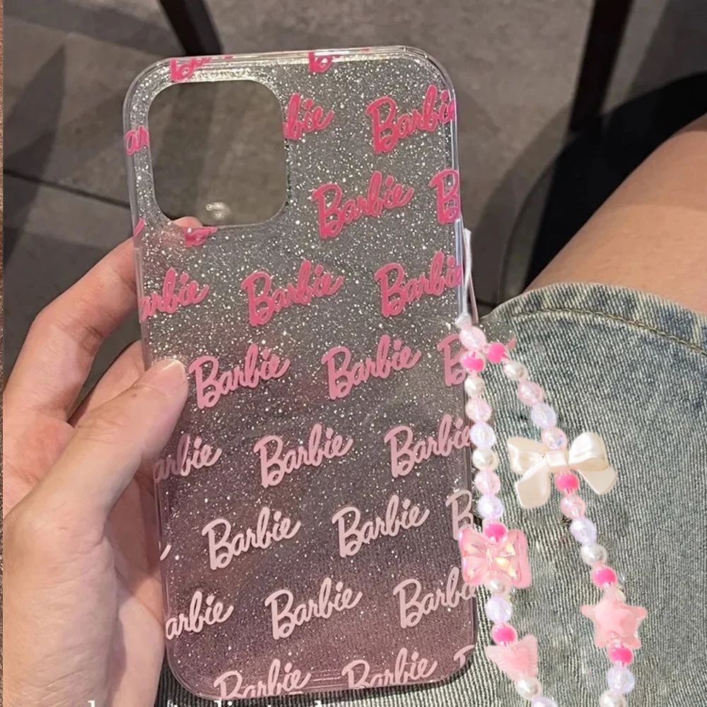 Ins Flash Powder Full Screen Barbie English Phone Case For iPhone 16 15 14 13 12 11 Pro Max XR XS Max 7 8 Plus MINI Y2K Cover