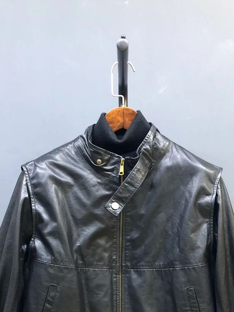 Veste en cuir véritable détachable pour femme, Streetwear, manches de couleur unie, ample, poche en peau de vache, fermeture éclair, manches longues, vêtements d'extérieur