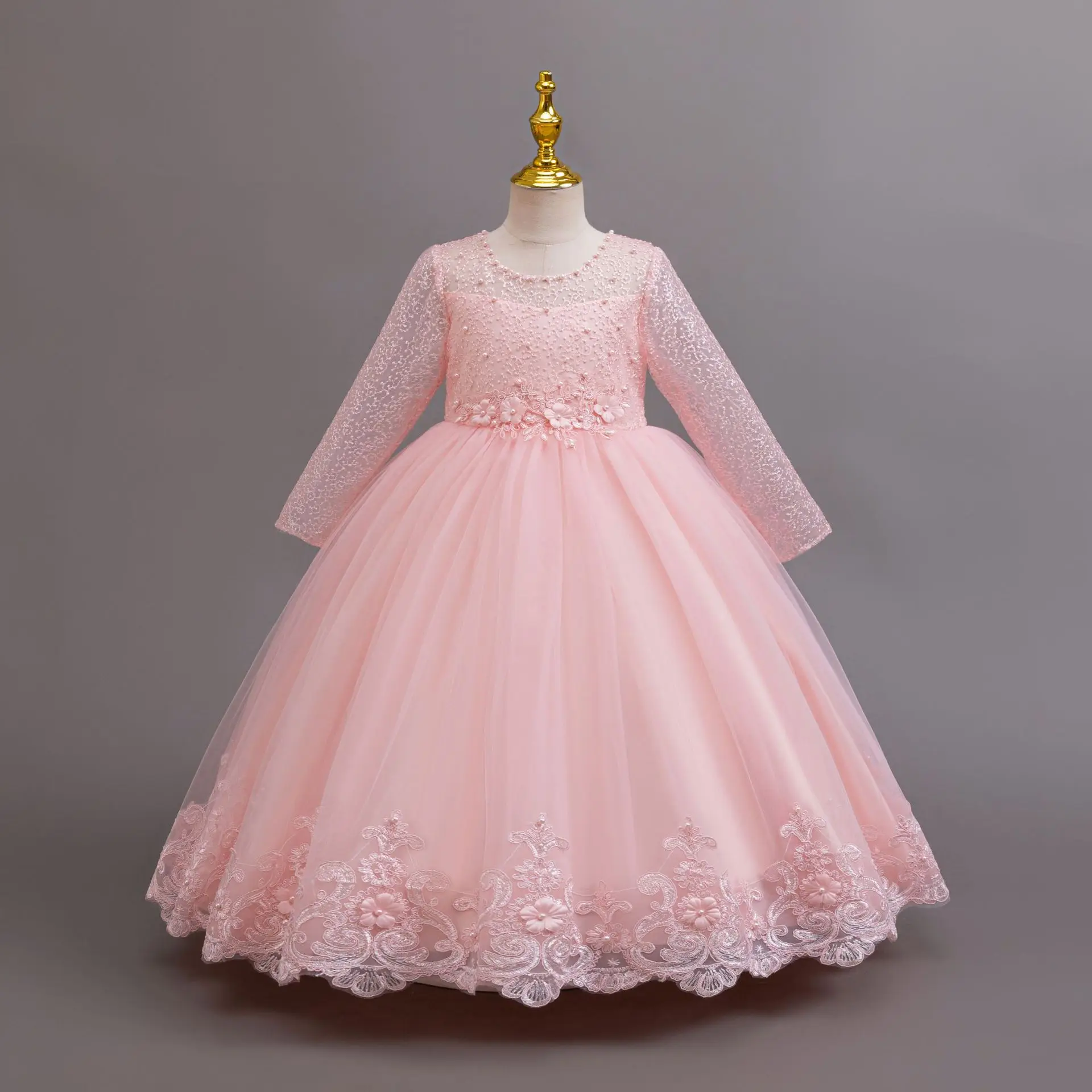 Zhongda Children\'s new wedding dress long-sleeved lace elegant girl clothing 4-12 years old beauty pageant long princess skirt