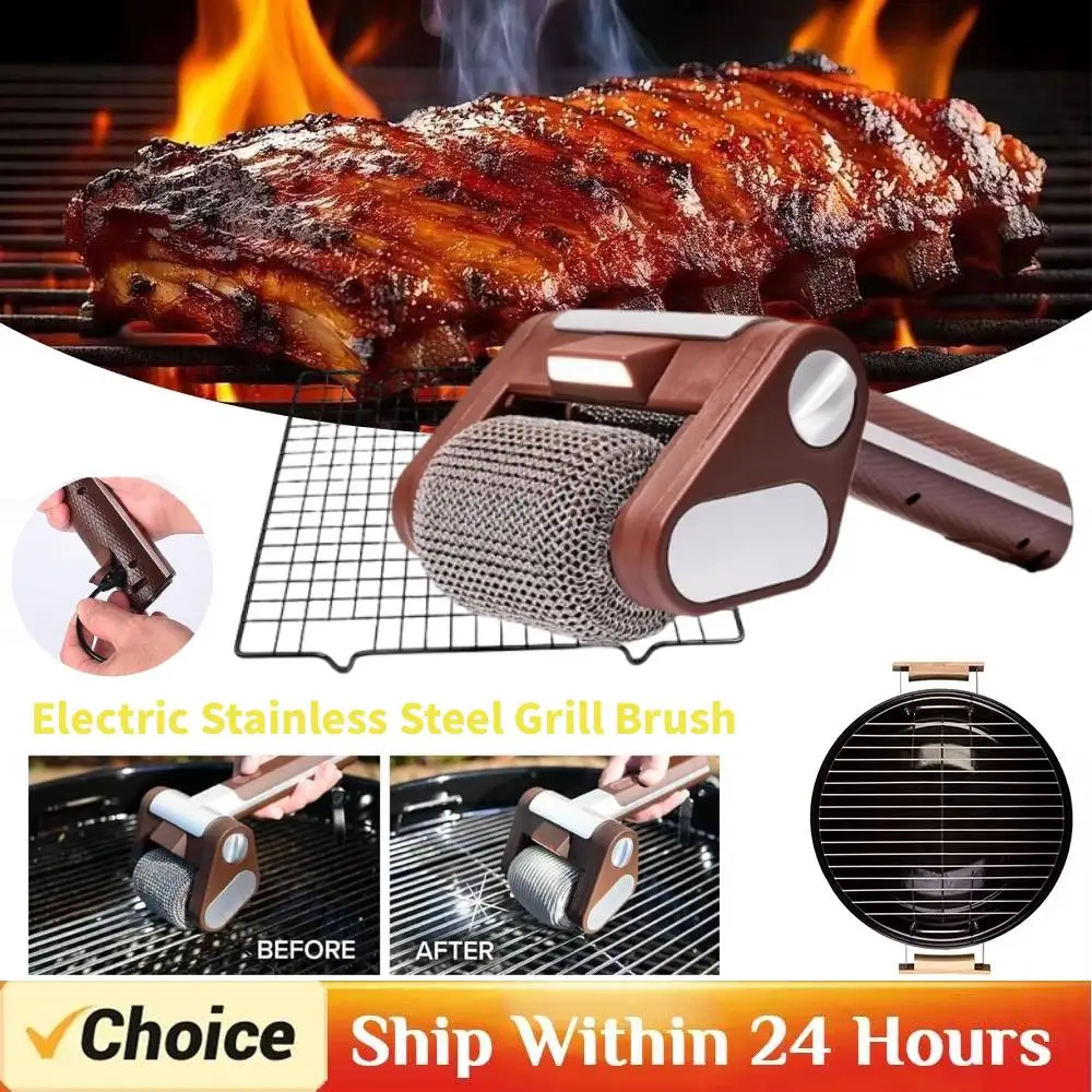 350RPM Electric Roller Grill Brush with Replaceable Brush Head Stainless Steel Grill Cleaner Rechargeable Barbecue Cleaner Tools