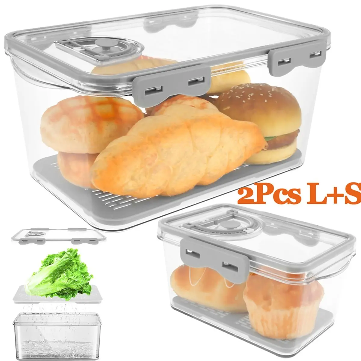 2Pcs Bread Box L/S Rectangular Bread Storage Boxes with Time Recording Clear Loaf Bread Container Airtight Bread Keeper