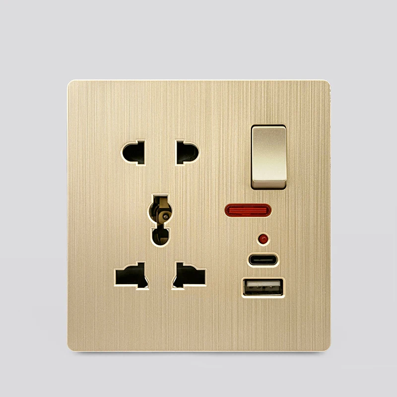 Luxe geborsteld goud ultradunne wand 1/2weg lichtschakelpaneel, EU FR stopcontact, UK universele 3-pins USB C-aansluiting AC 110-250V