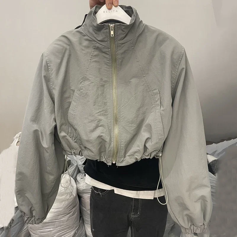 Y2K Autumn Crop Coats Women Fashion All Match Drawstring Short Track Jacket Korean Streetwear Loose Zipper Jogging Windbreaker