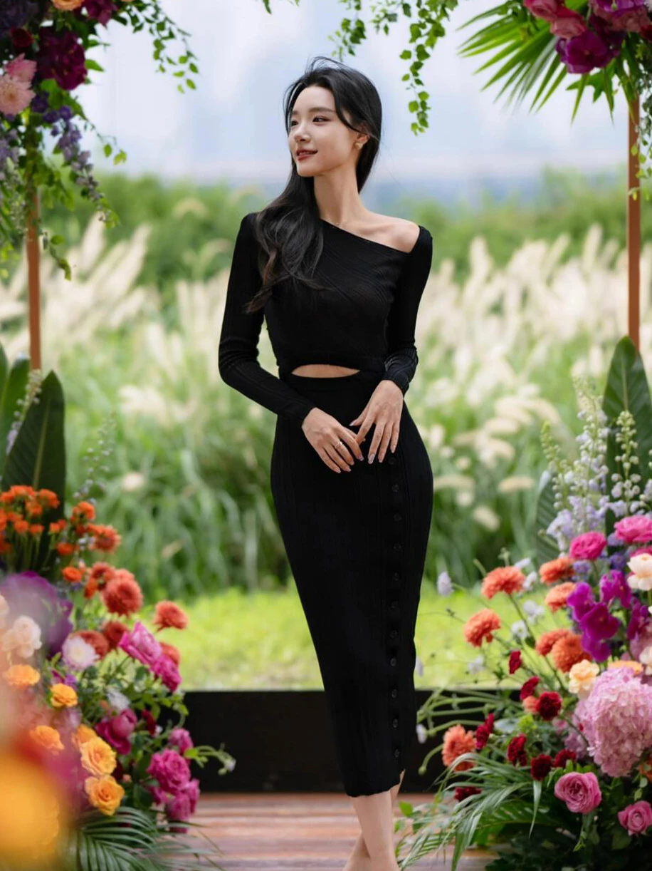 

Ele Knitted Slim Fit Dr with Side Slit for Women High Waist Sweet Sle Cany Dinner Par Celebration ort Skirt