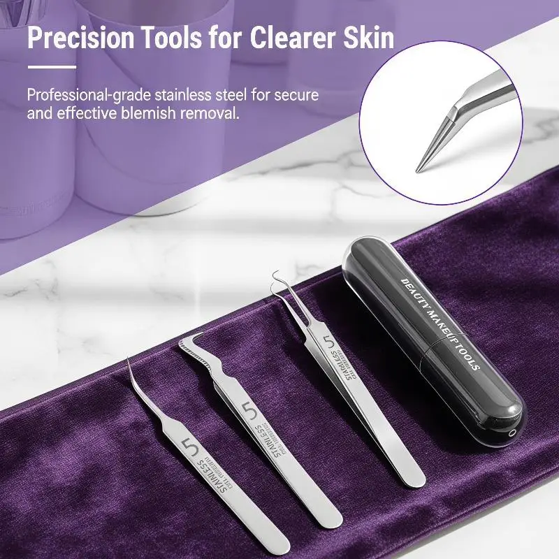 3Pcs Set Stainless Steel Blackhead Removal Tweezers With A Plastic Box High Precision And Durability Blackhead Removal Tweezers