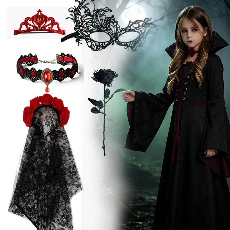 Children Halloween Gothic Dark Vampire Costume Long Black Dress Complete Accessories for Carnival Dress Up Birthday Themed Party