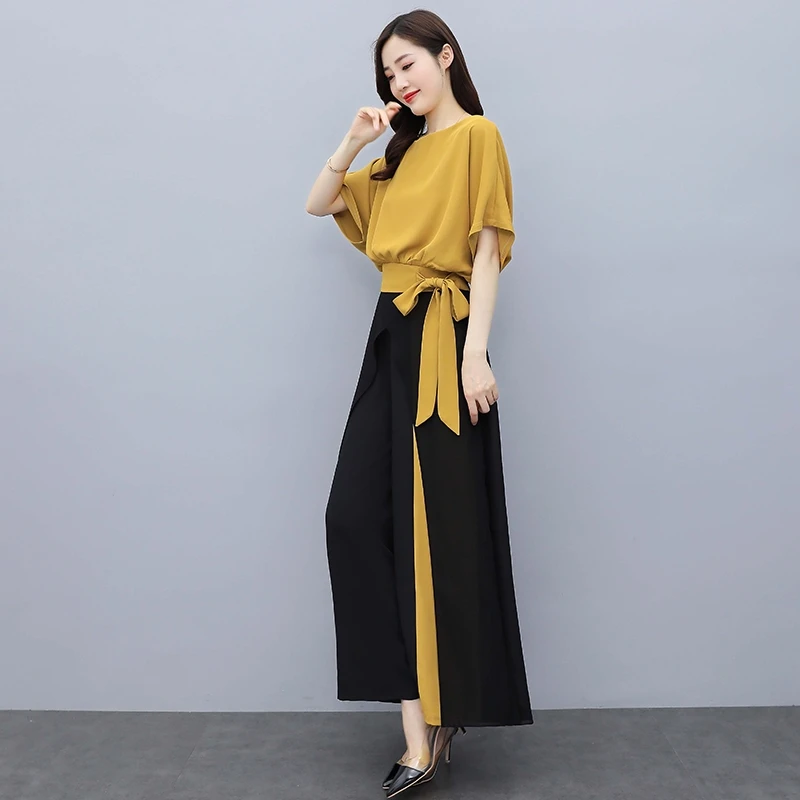 Summer Chiffon Elegant Women 2 Piece Pant Sets Batwing Sleeve Tops + Wide Leg Pants Chic Stylish Fashion Casual Female Pant Sets