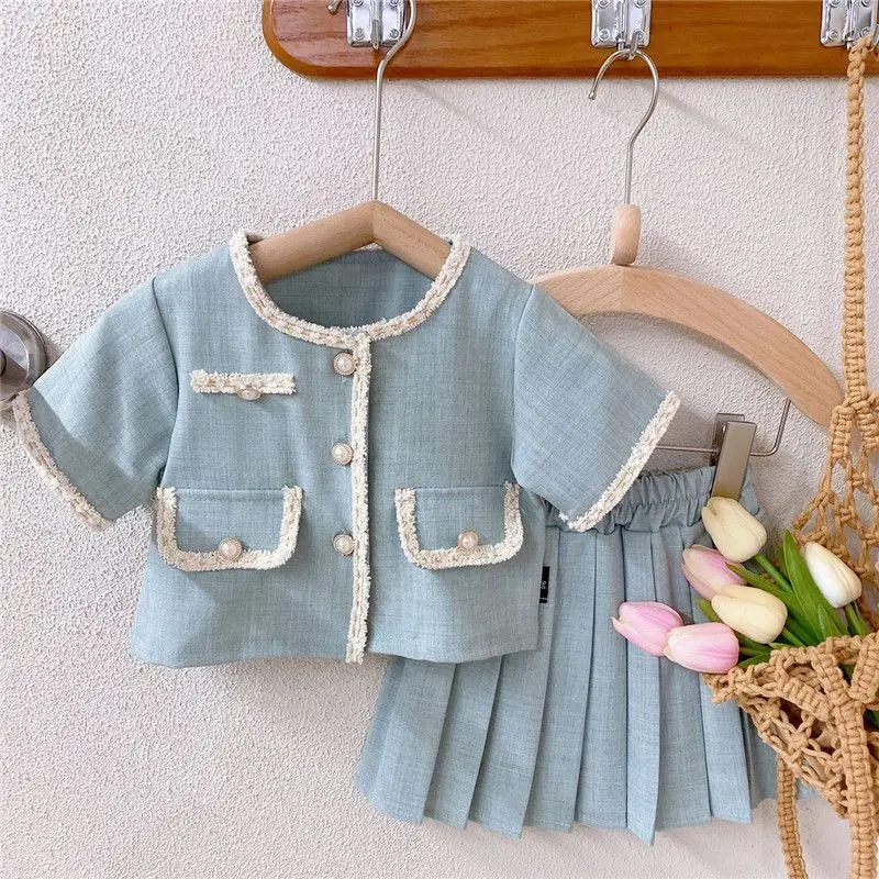 

Girls' Summer Clothing Set New Children's Fashionable Hanging Neck Short sleeved T-shirt Skirt Pants Two Piece Set