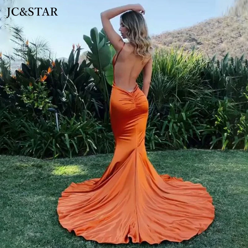 Orange Mermaid Bridesmaid Dress Vestido De Festa Longo Para Madrinha New Satin Sexy V Neck Backless Long Summer Sukienki Damskie