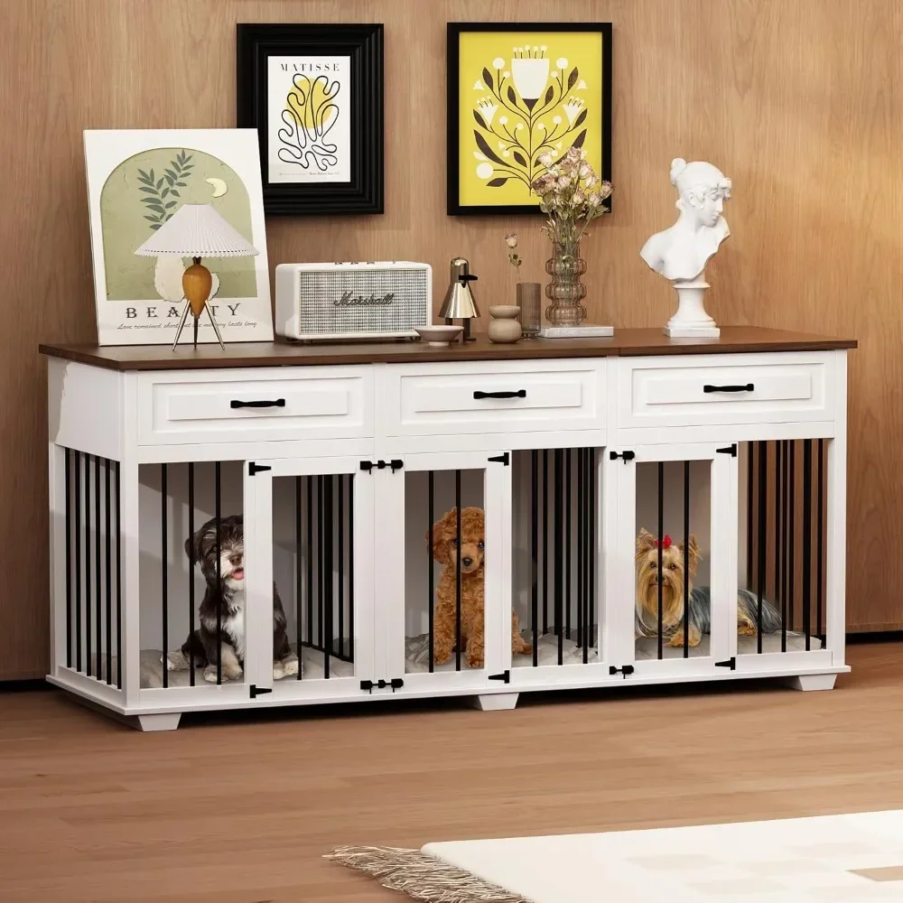 

Dog Crate Furniture with 3 Rooms, 70.9" Wooden Dog Crate Kennel Furniture with 3 Drawers and Divider, Heavy Duty Dog Crates