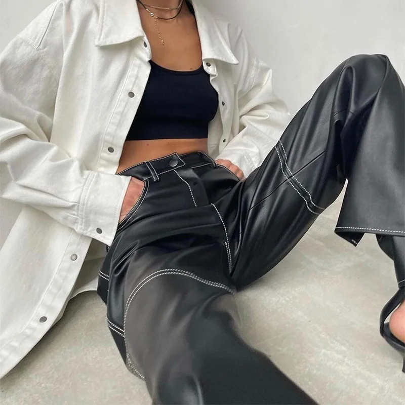 

Crystal Autumn Black Women PU Leather Pants with Side Slit Fashion High Waist Streetwear Casual Joggers Long Straight Wide Leg P