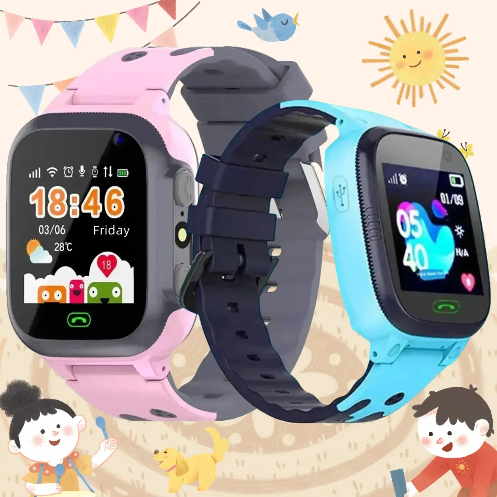 Montres intelligentes de localisation de sport pour enfants, montre intelligente SOS EpiCard, horloge numérique d'appel, lampe de poche et alarme, cadeau fille et garçon