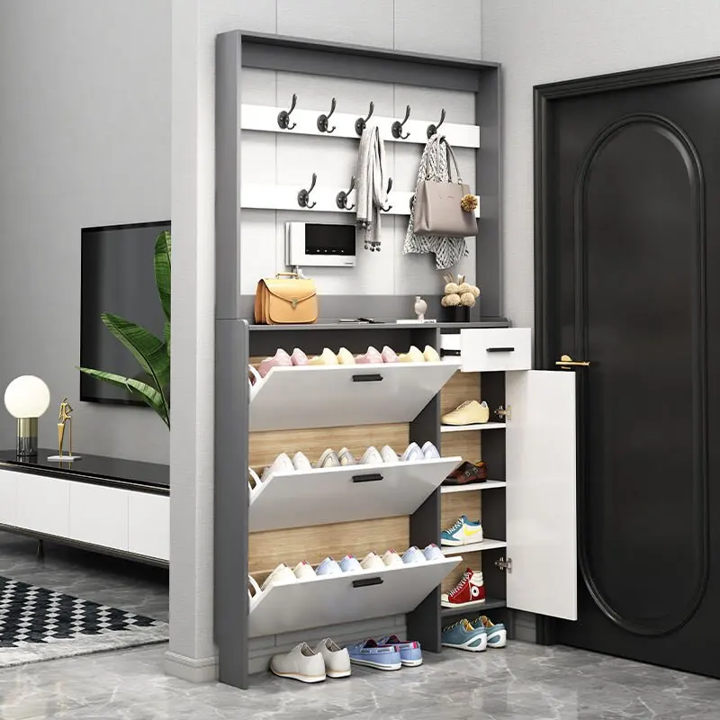 Enter the door coat shoe rack integrated ultra-thin ultra-thin shoe cabinet with hanger integrated solid wood against the wall