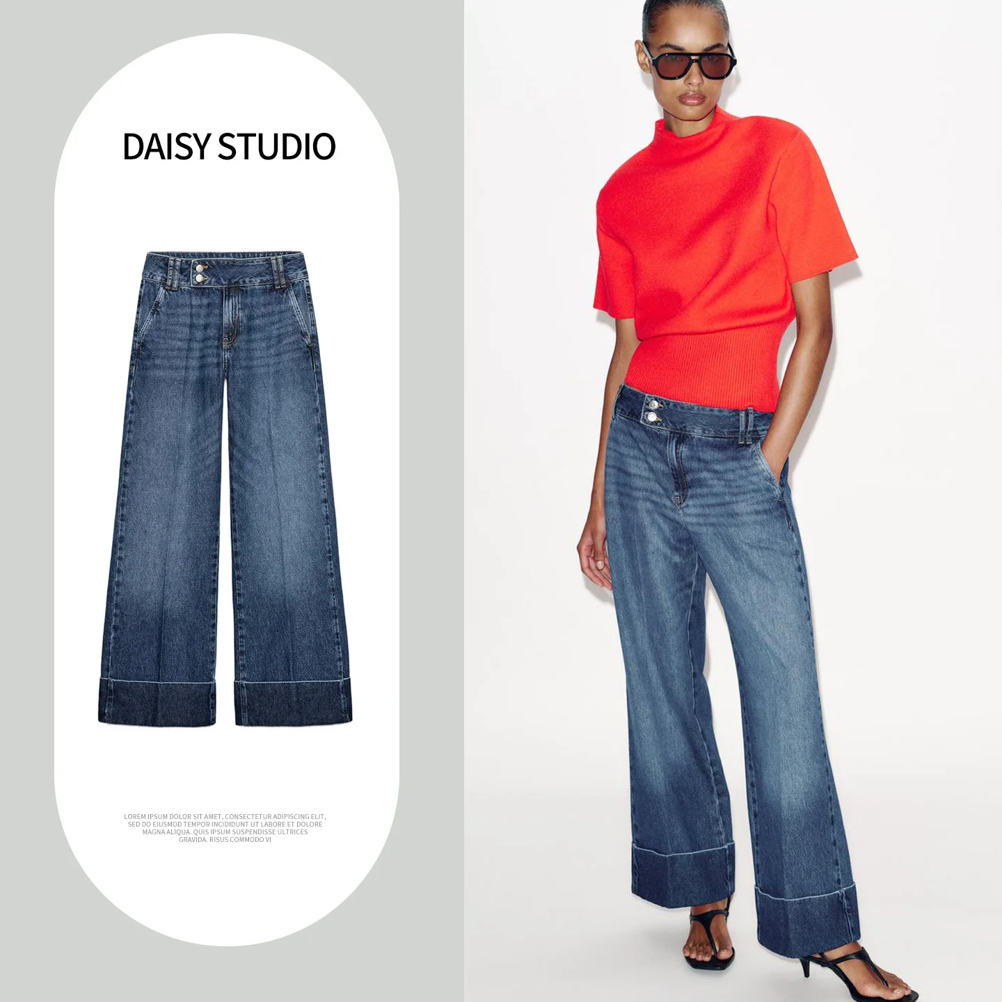 Spring New Arrival Women's Casual Style Zipper Straight Leg Low Waist Cuffed Hem Denim Long Pants Low Waist Polyester Fiber