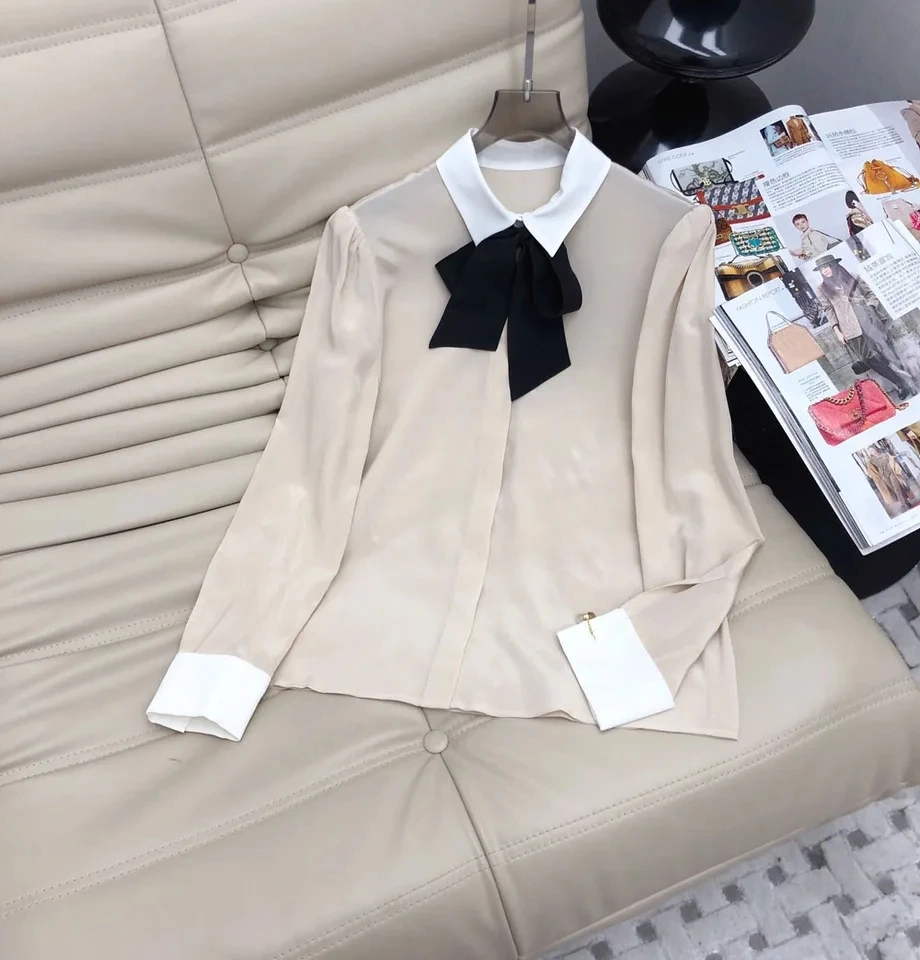 100% silk high quality 2024 spring women contrast color patchwork blouses bow elegant shirts tops