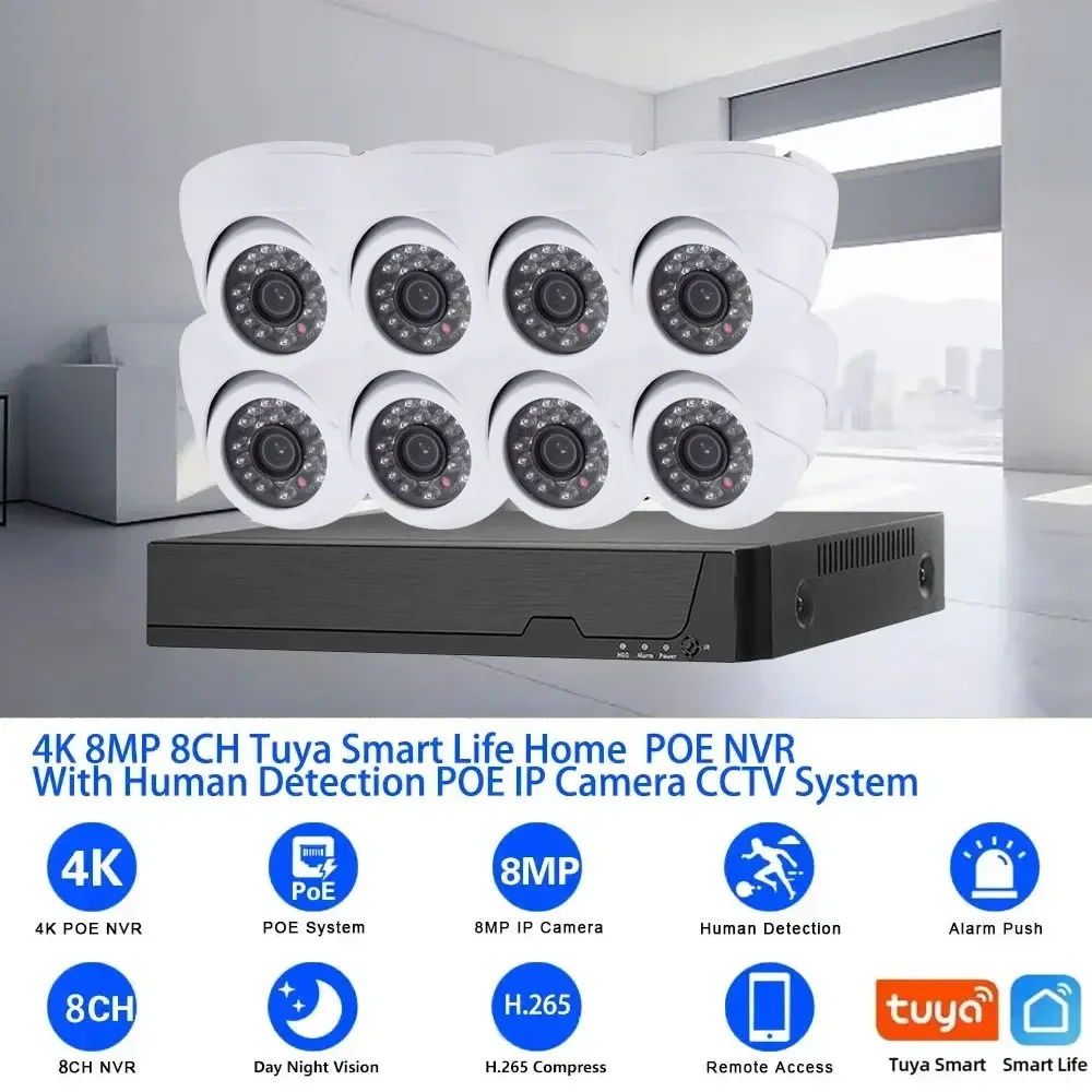 Tuya H.265 4K Ultra HD CCTV Video Surveillance Kit 8MP 8CH POE NVR Kit Outdoor Waterproof POE IP Dome Security Camera System Set