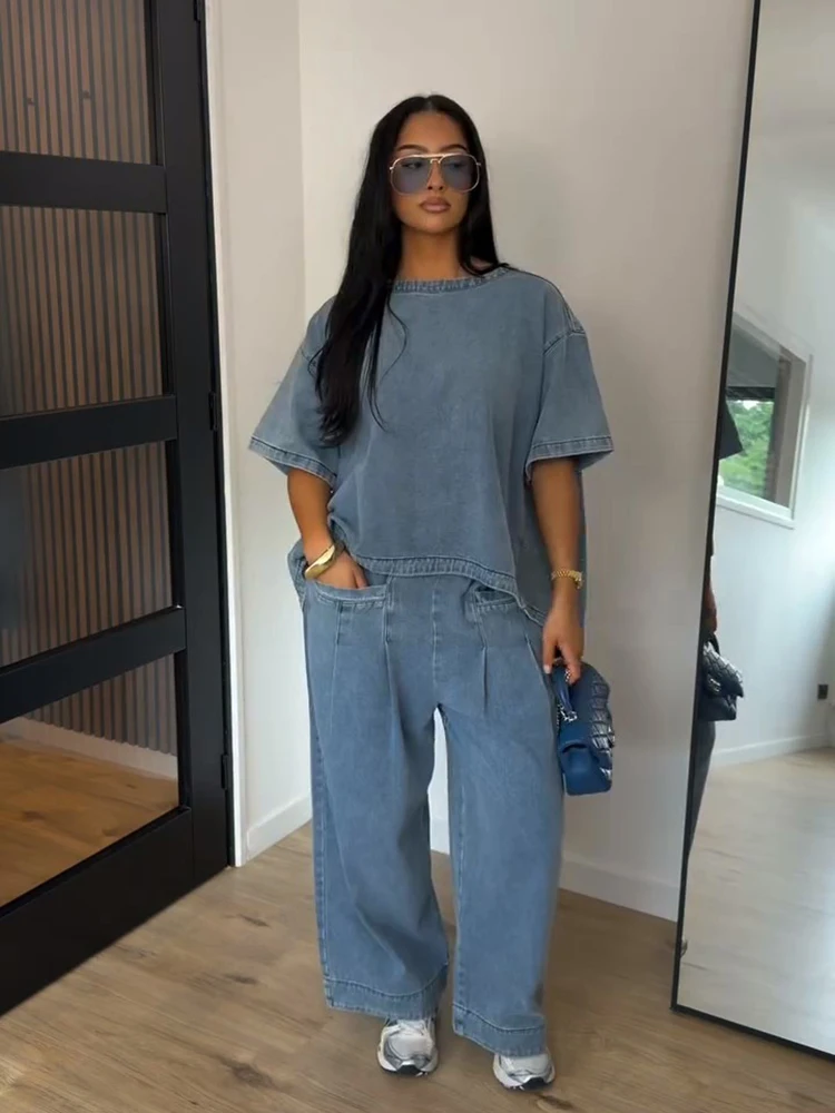 Denim-Übergrößen-Oberteil und Hosen-Set für Damen, Street-Style O-Ausschnitt Kurzarm mit Unregelmäßigem Saum, Lockere Oberteile und Weite Hosen, Schicke Damen-Outfits – Detail 13