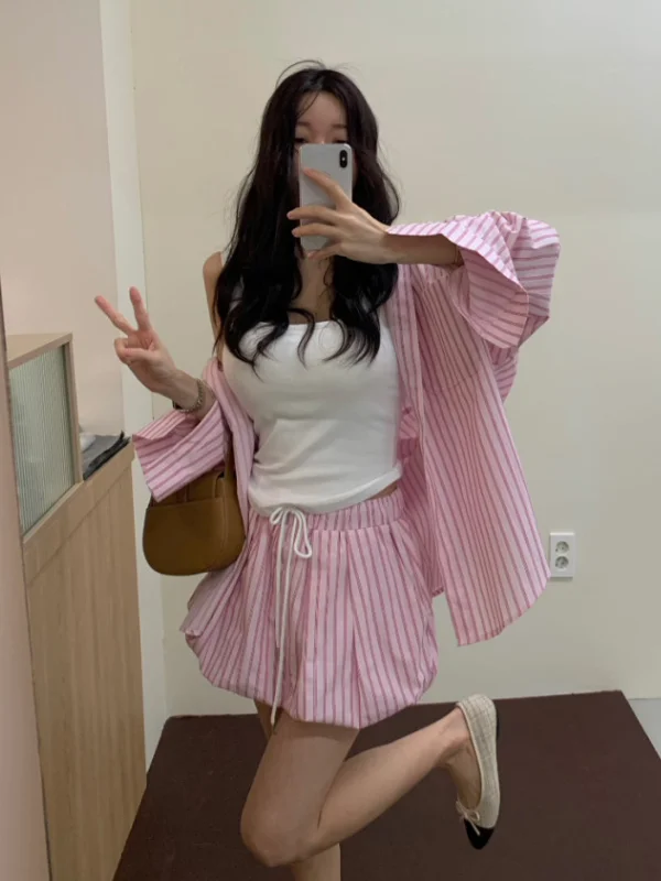 

Women's Loose Fit Long Sleeve Shirt And Short Skirt Set Striped Pattern Fashionable Sun Protection Breathable Autumn Spring S...