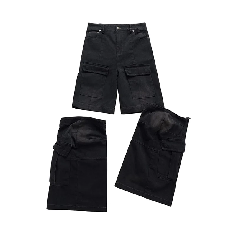 Firmranch Black Make Old Detachable Cargo Denim Pants For Men Women High Street Flared Jeans Two Ways To Wear Bootcut Trousers