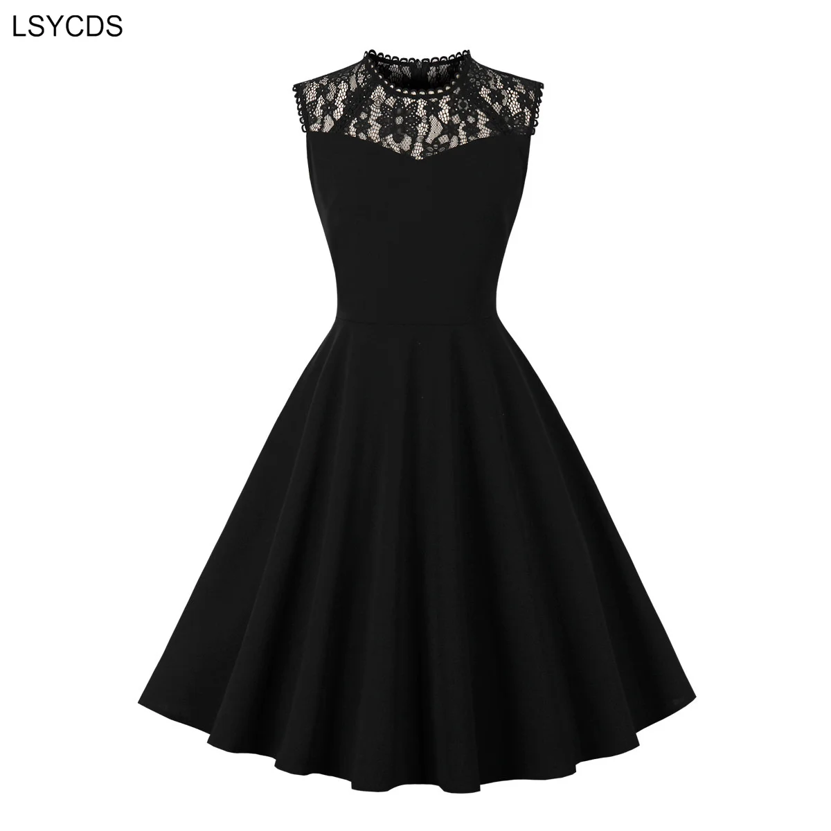 LSYCDS Black Women Lace Dresses Contrast Lace Sleeveless Summer Elegant 2024 New Birthday Party Vintage A-Line Retro Swing Dress