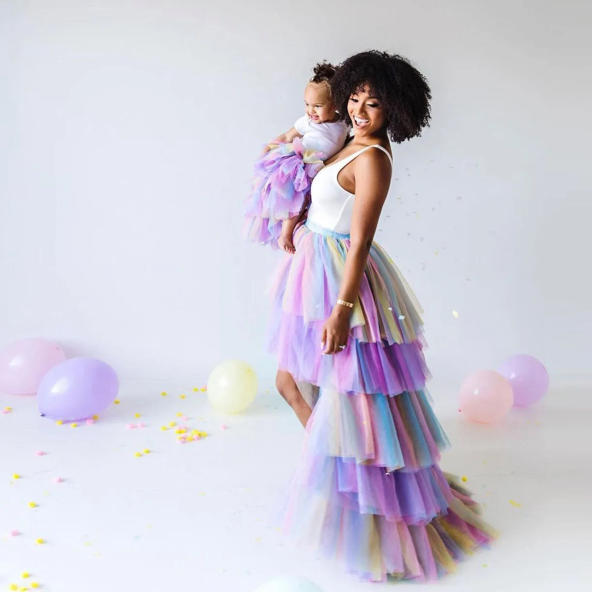 Rainbow Tiered Tulle Mother And Daughter Matching  Skirts  Mommy and Me Outfits Lovely High Low Birthday Skirts Foir PhotoShoots