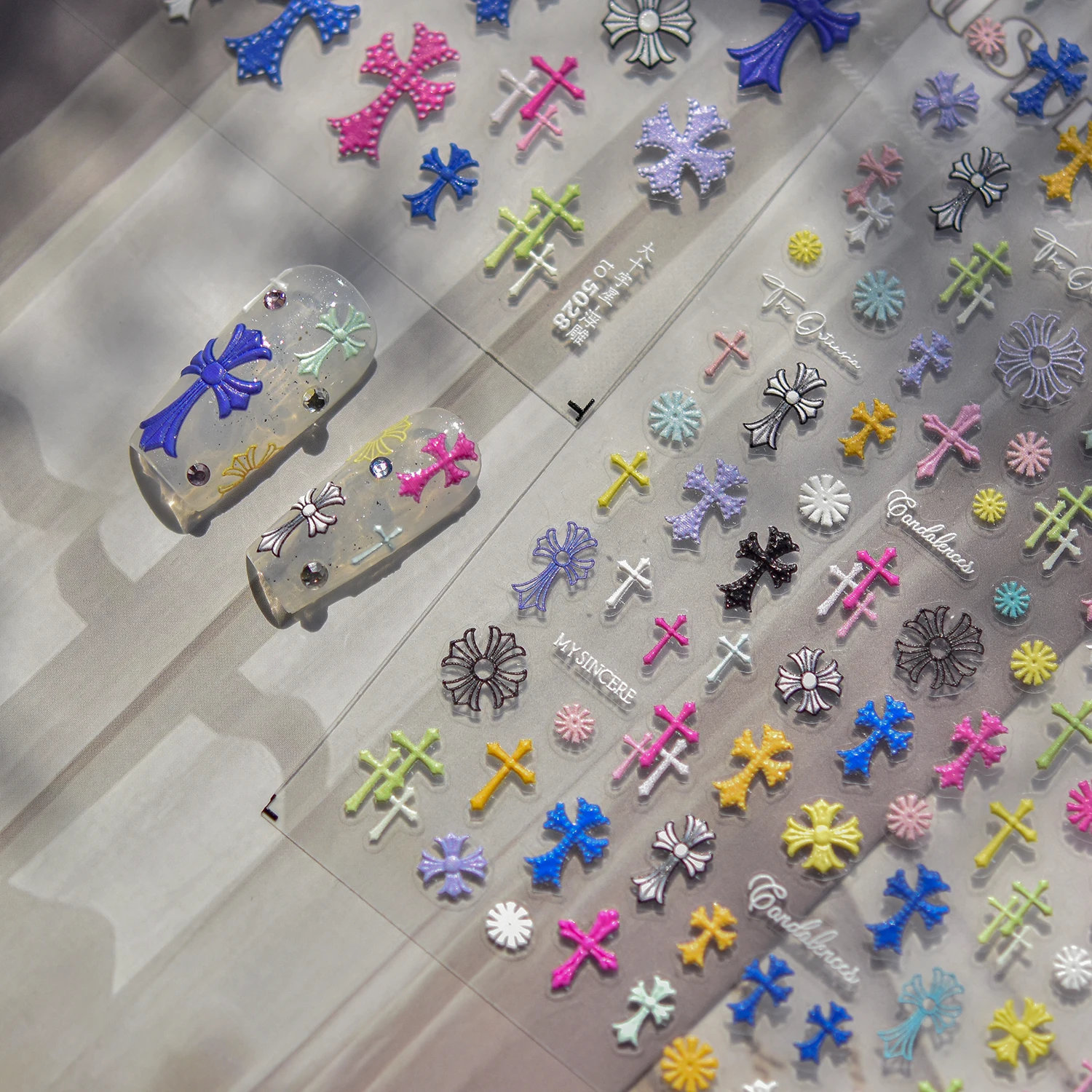 1PCS Colorful Cross Nail Stickers Nail Art Supplies 5D Letters Flowers Embossed Nail Art Decals Nail Art Decoration