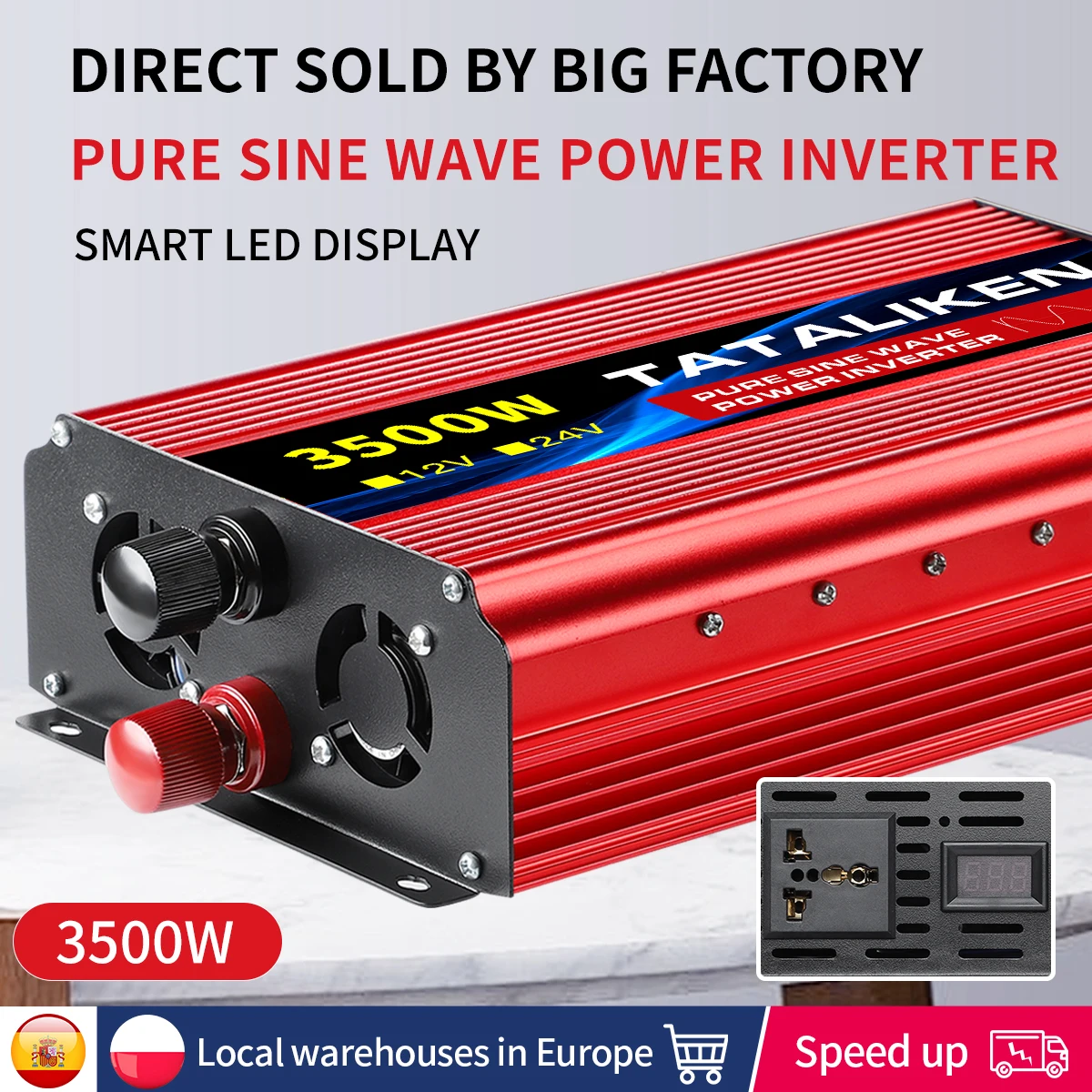 3500W Pure Sine Wave Inverter 12V to 220V 50HZ Car Converter Power Inverter with LCD Display for  Truck,Boat,Camping,Household