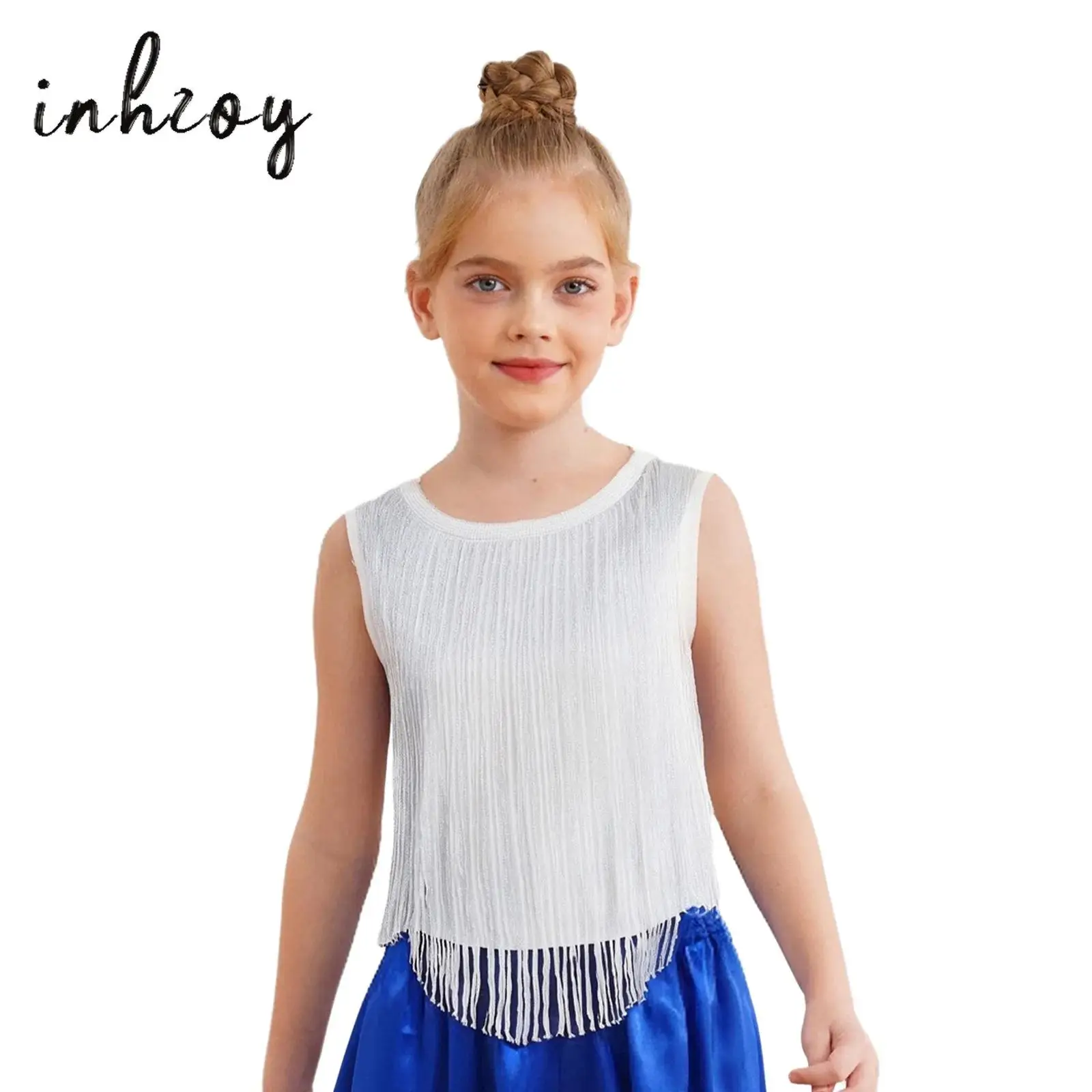 

Kids Girls Hip-Hop Jazz Dance Top Sleeveless Tassel Curved Hem Fringe Tank Top Vest for Party Ball Stage Performance Dancewear