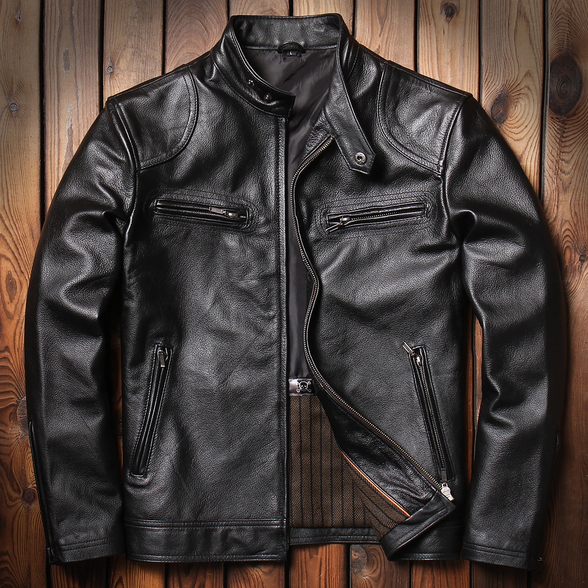 

2025 Men's Motorcycle Short Slim Collar Leather Jacket Pure Leather Motorcycle Suit Leather Jacket