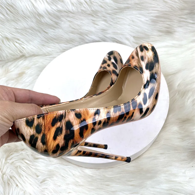 Tikicup 12cm/10cm Sexy High Heels Cute Mary Jane Leopard Patent Leather Stilettos Round toe Pumps Party Shoes Ladies Size33-46