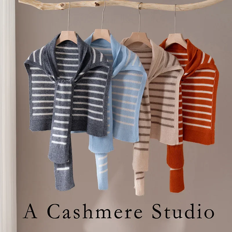 Tcyeek 100% Cashmere Knit Striped Shawls For Women Autumn Winter Casual Preppy Style Scarf Wraps Cashmere Knitwear Soft Comfy
