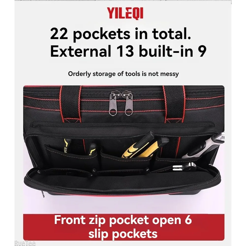 Full‑Seal Zipper Tool Bag Waterproof Wear‑Resistant Tool Organizer Pouch with Reflective Stripe Shoulder Strap for Electrician