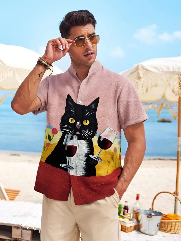 

2025 Casual Men's Shirt Outdoor Street Nine-tailed Fox Blouse Daily Autumn Short Sleeved Korean Tops Holiday Boho Man Clothings