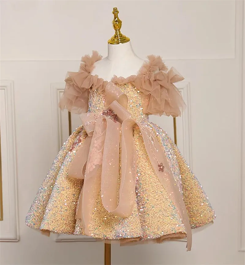 

Gold Glitter Baby Girl Birthday Dress with Ribbon Layers Tulle Sequins Christmas Party Gown Special Ceremony Vestido for Girls