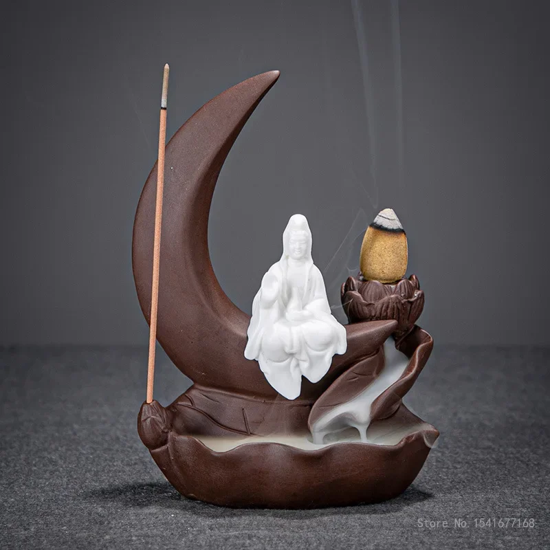 Ceramic Zisha-Incense Burner Ornament, Lotus Moon Shape Backflow Sandalwood censer, Household Indoor Living Room Decoration, 1Pc