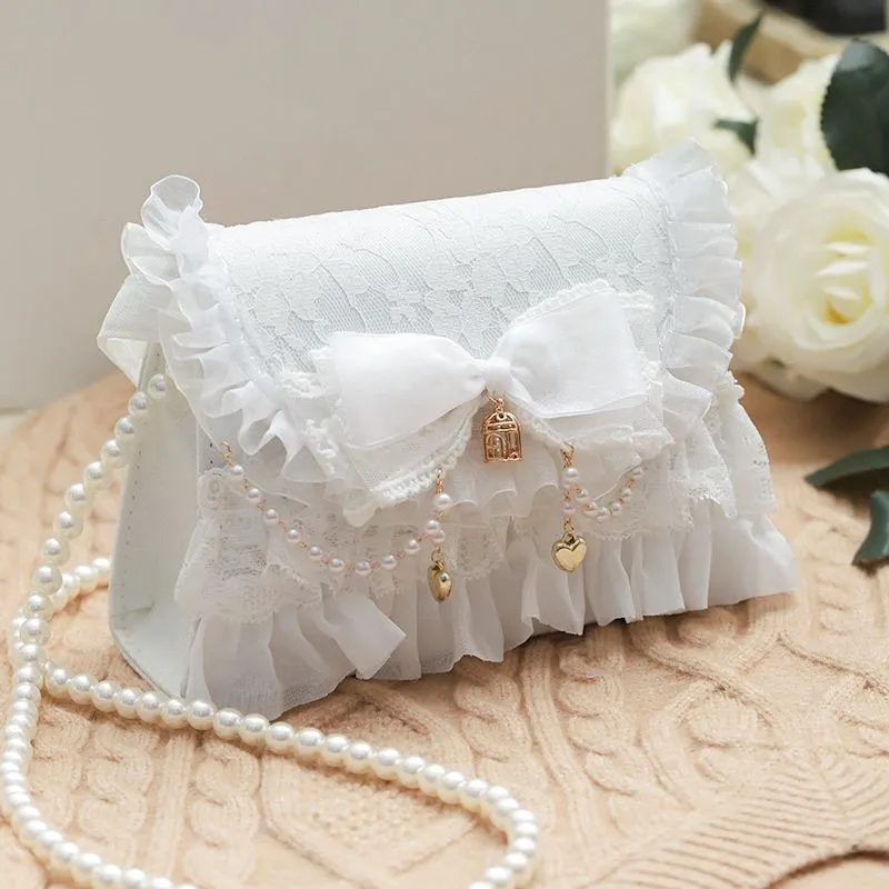 Lolita Bag Elegant Pearl Chain Bag Lace Bowknot Japanese Pearl Handbag Sweet Lolita Handbag Kawaii Girl Loli Cosplay Gothic Loli