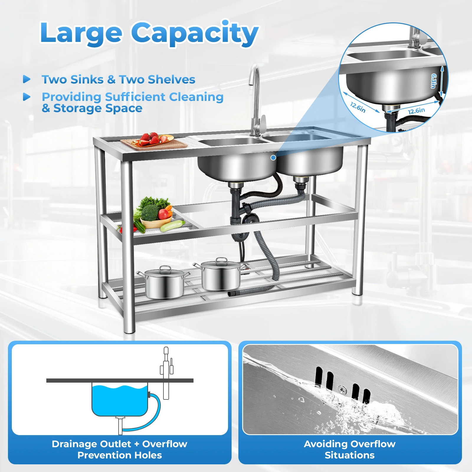 Bymaocar Commercial Stainless Steel Kitchen Prep & Work Table Sink W/ Faucet,3-Layer Double Bowls Sink for Garages,Laundry Rooms