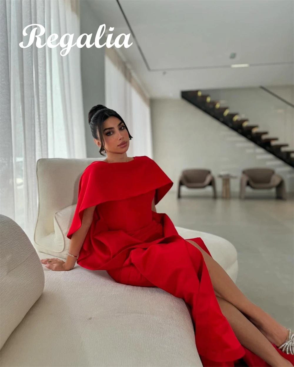 

Customized Modern Red Jersey Evening Dress Formal O-Neck Shawl Homecoming Dresses Fashion Court Train Special Occasion Gowns