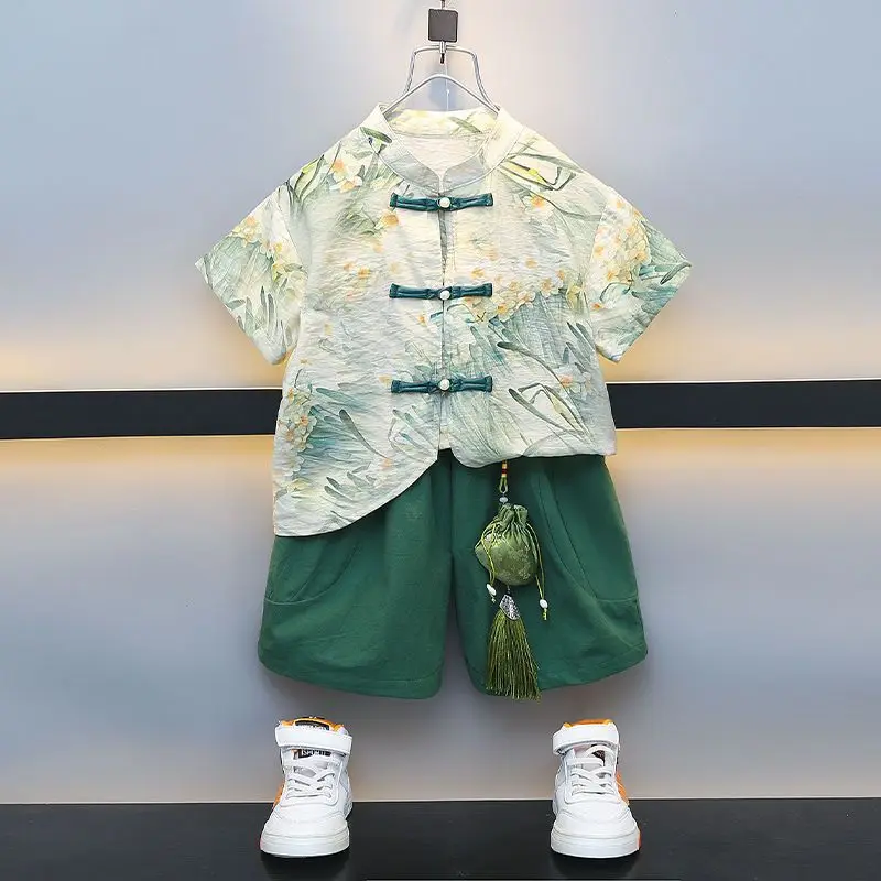 2024 Summer Chinese Green Printed Boy School Uniform Ancient Style Handsome Children's Tang Suit Tai Chi Clothing 80-120cm