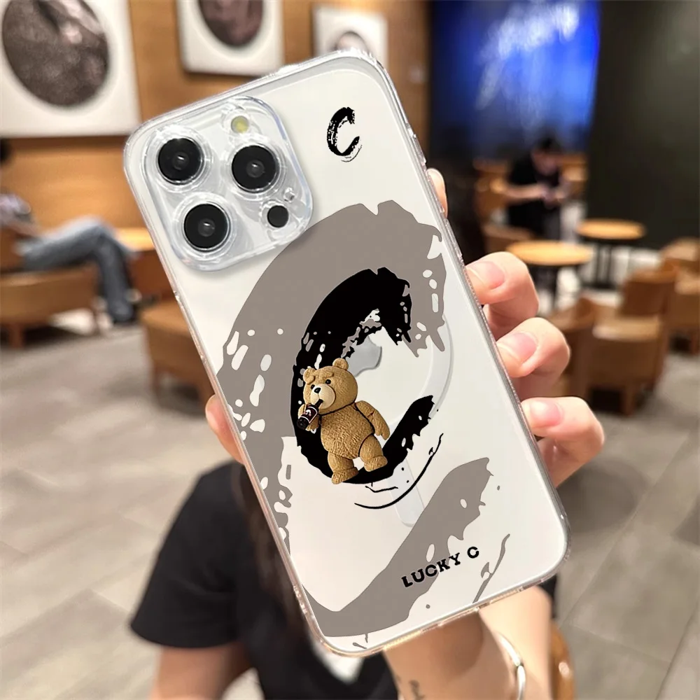 Cute T-Ted B-Bear Phone Case for iPhone 12 11 13 14 15 16 Max Pro Plus Transparent Magsafe Magnetic Wireless Cover