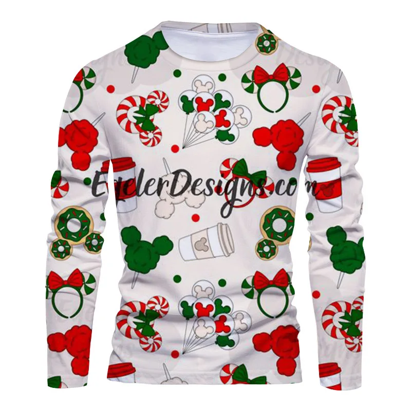 

New Christmas New Disney Brand Mickey and Minnie Anime 3D Printing Fashion Casual Trend Men's Round Neck Long Sleeve T-Shirt