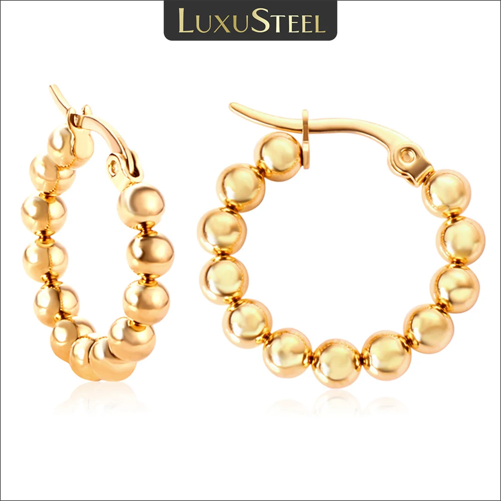 LUXUSTEEL Hyperbole Stainless Steel Beaded Hoop Earrings Women Round Circle Ear Huggie Gold Color Accessorie Aretes Christmas