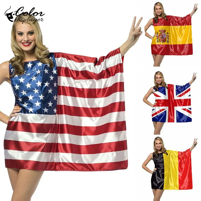 Traje Cosplayer para Mulheres, Cheer Team Uniform, Bandeira Nacional, Cosplay, Futebol Match, Fan Outfit, Roupa de férias, Vestido colorido, Jogo