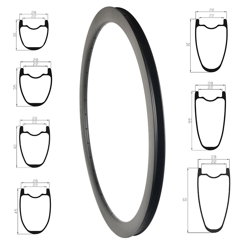 Hookless Carbon Road Rim 700c Gravel Bike 30mm 35mm 40mm 45mm 50mm 55mm 60mm Tubeless 28mm Width V Disc Brake 29er CX Bike Wheel