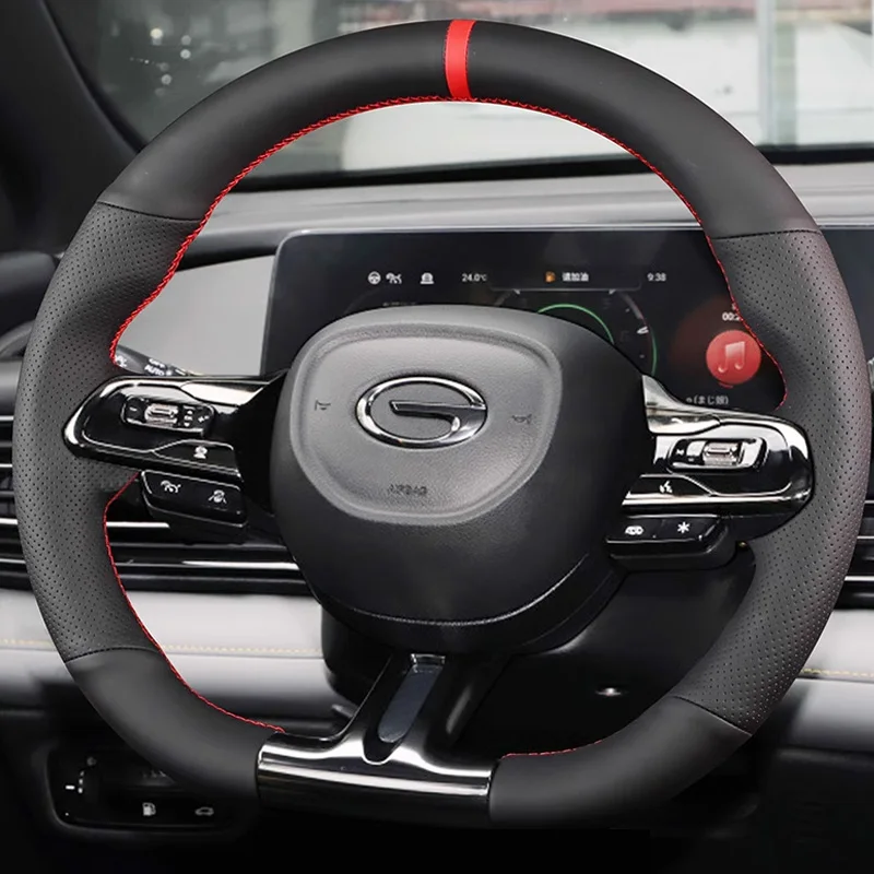 

Black Genuine Leather for GAC EMPOW EMKOO 2021-2024 Hand Sewing Steering Wheel Cover Fabric Interior Protection Car Accessories